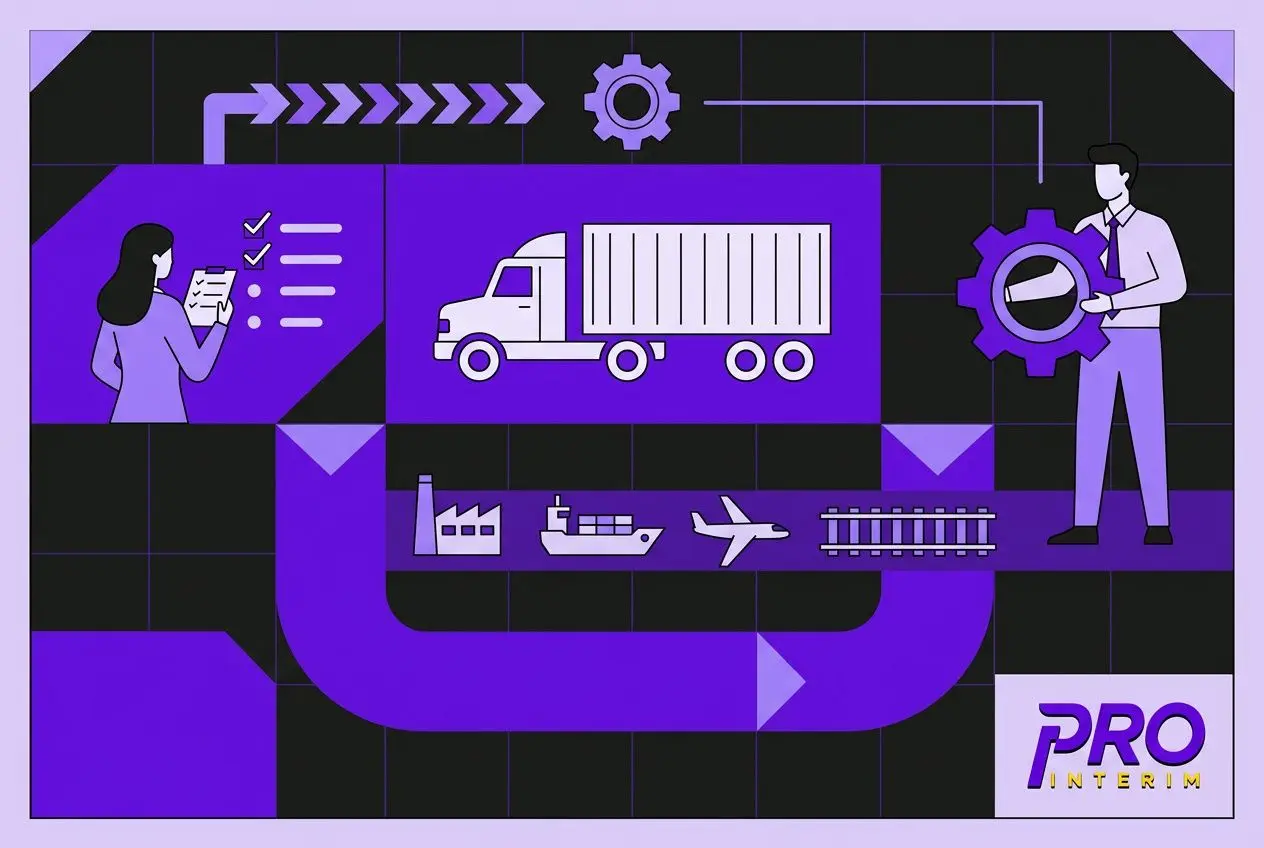 Illustration en violet et noir représentant une chaîne logistique: camion, bateau, avion et rails; à gauche une personne vérifiant une liste, à droite un homme avec une roue dentée. Intégrer l’intérim détaché logistique transport.