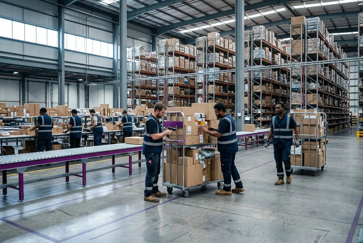 Intérim détaché logistique transport: agents logistiques et manutentionnaires au travail dans un entrepôt, vérifiant colis et préparant des palettes.