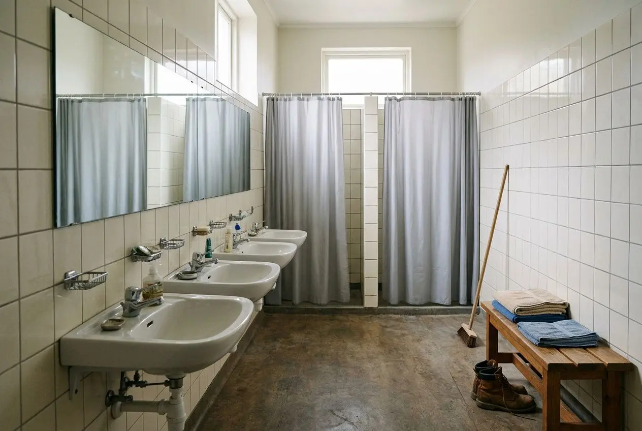 Lavabos alignés dans une grande salle de bains commune, rideaux gris sur des cabines de douche, plancher en béton et rangée de miroirs. Équipement simple et linge plié sur un banc. Note : alt texte intégré au mot-clé lorsque pertinent. Hébergement travailleurs roumains france.