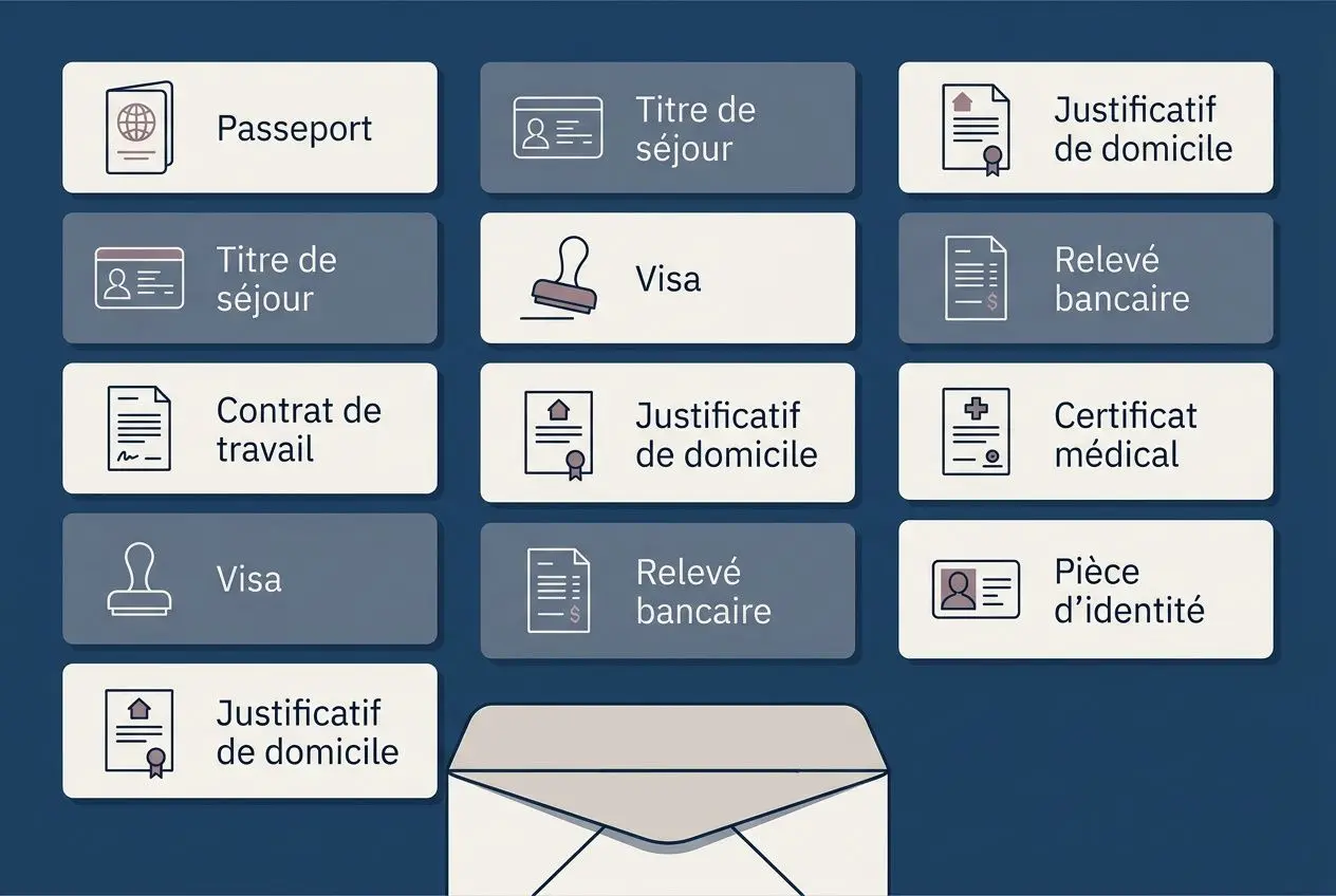 Liste de documents (papiers) affichée pour les travailleurs étrangers: passeport, titre de séjour, visa, justificatif de domicile, contrat de travail, relevé bancaire, pièce d’identité, certificat médical, Relevé bancaire, et autres documents liés. (Intègre le mot-clé: documents pour un travailleur étranger en france)