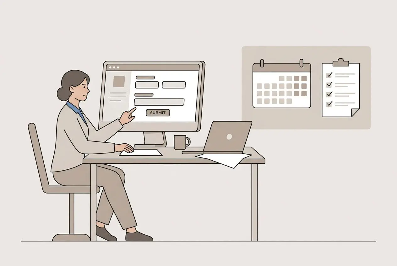 Personne assise à un bureau devant un écran d’ordinateur, remplissant un formulaire; à gauche, écran avec bouton “Submit”; à droite, tableau/notebook affichant une checklist. Intègre le coût embauche travailleur étranger.