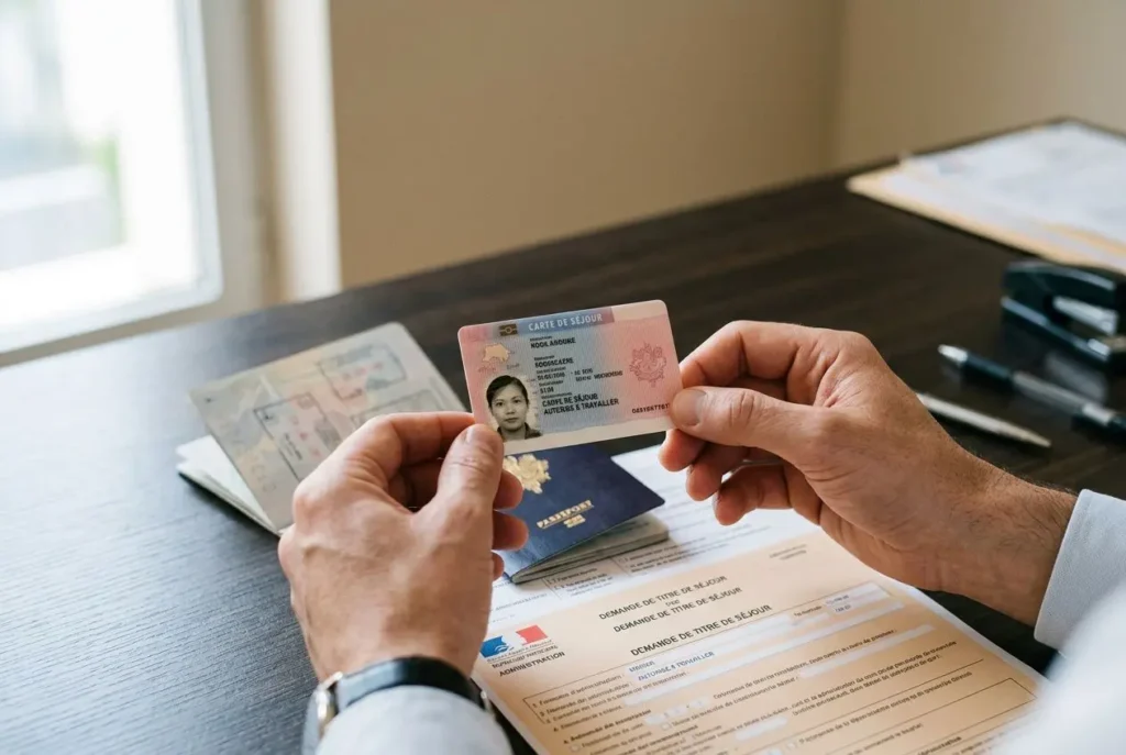 Personne examinant une carte d'identité avec d'autres documents sur le bureau, illustration de démarches administratives pour le recrutement international.