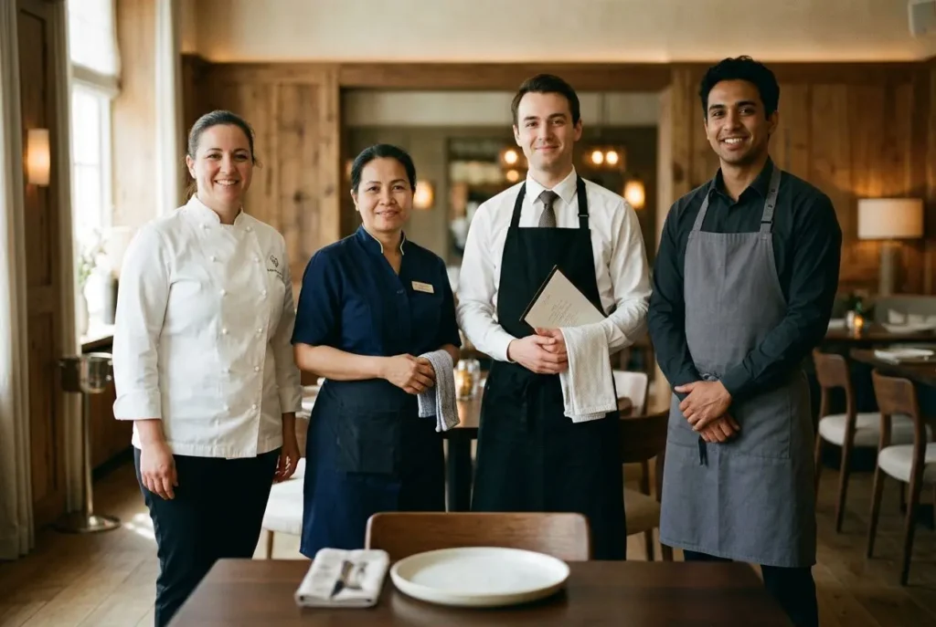 Quatre professionnels en service d’intérim détaché hôtellerie restauration posent dans un restaurant, prêteurs et serveurs souriants autour d’une table.