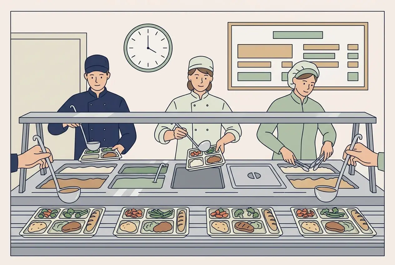 Rangée de plats chauds et froids dans une cafétéria, personnel en tenue de cuisine servant et disposant les assiettes. Intérim restauration Paris.