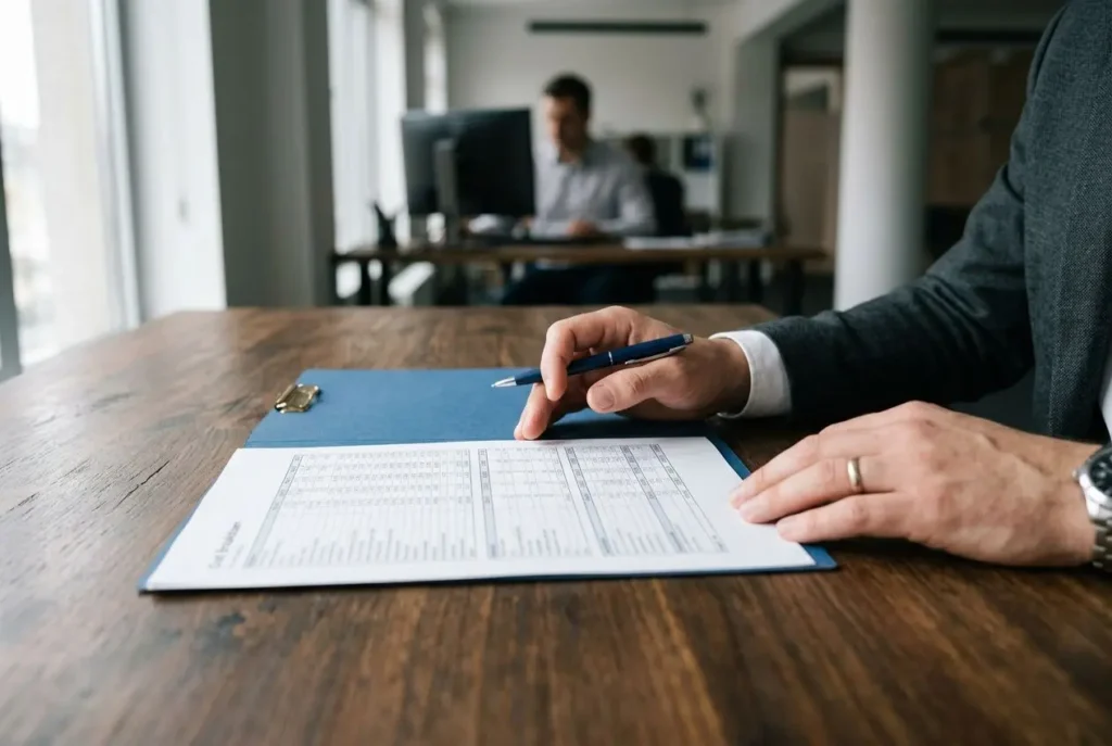 Signature d’un document administratif sur une table en bureau, près d’un ordinateur. co‰t embauche travailleur etranger évoqué.