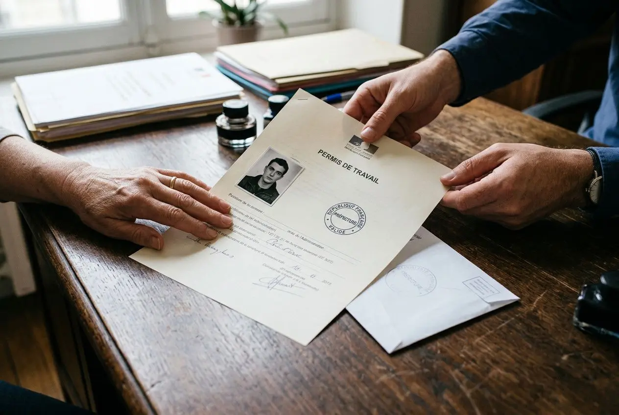Transmission de documents pour un travailleur étranger en france : une main tient un permis de travail sur un bureau, près de dossiers et timbres.