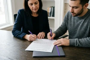 Deux personnes signent un document officiel sur une table, avec des stylos violets. Le cadre suggère la formalisation d’un contrat, contexte d’un modèle convention de détachement d'un salarié.