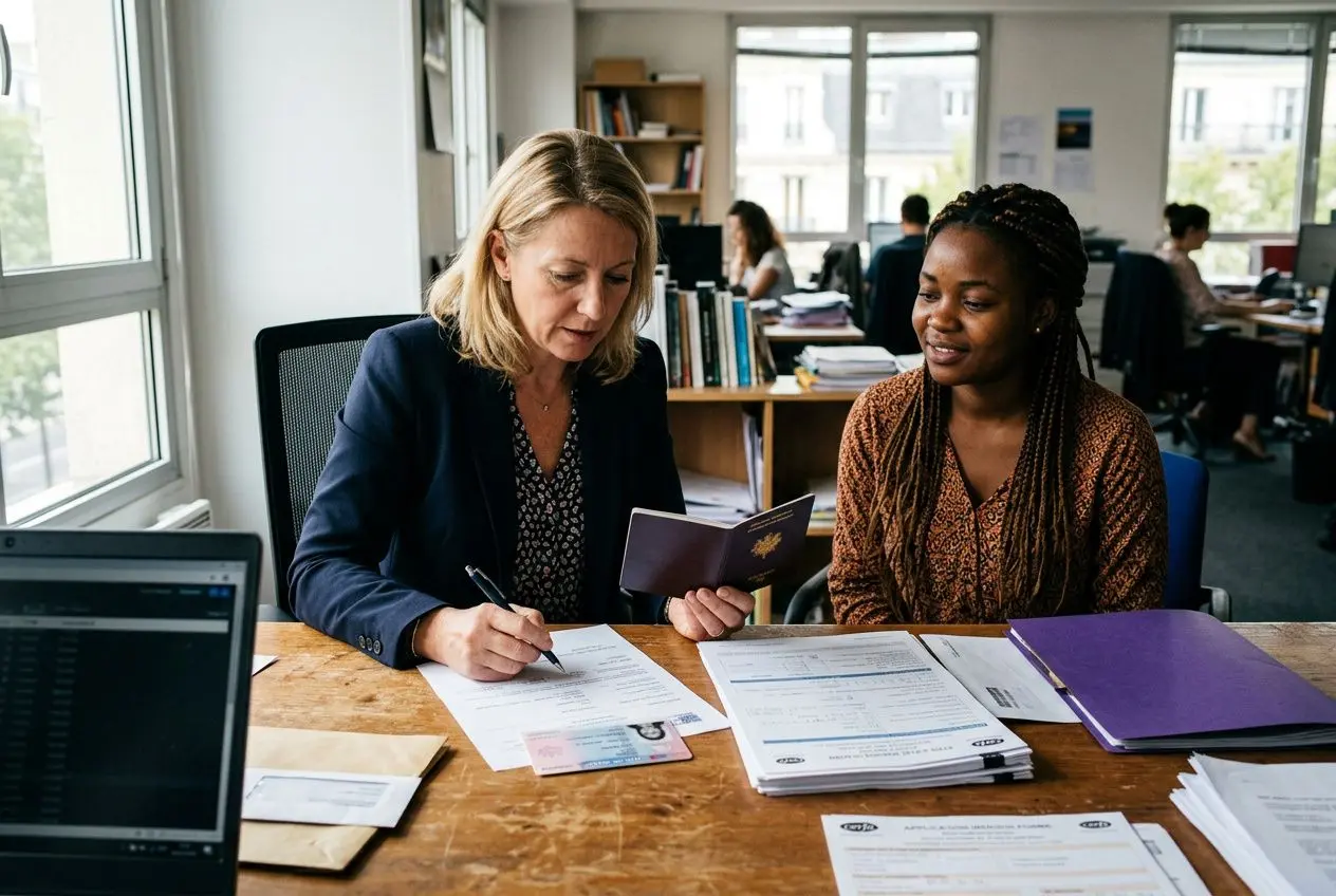 Deux professionnelles examinent des documents officiels sur une table, une femme écrit pendant que l’autre tient un document et un passeport.