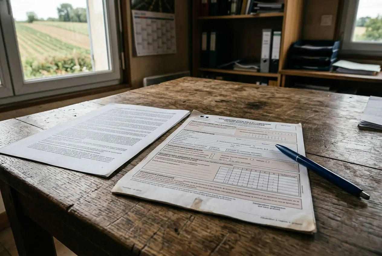 Documents et formulaire sur une table en bois, bureau et vue champêtre, lien avec l’intérim détaché agriculture saisonnière.