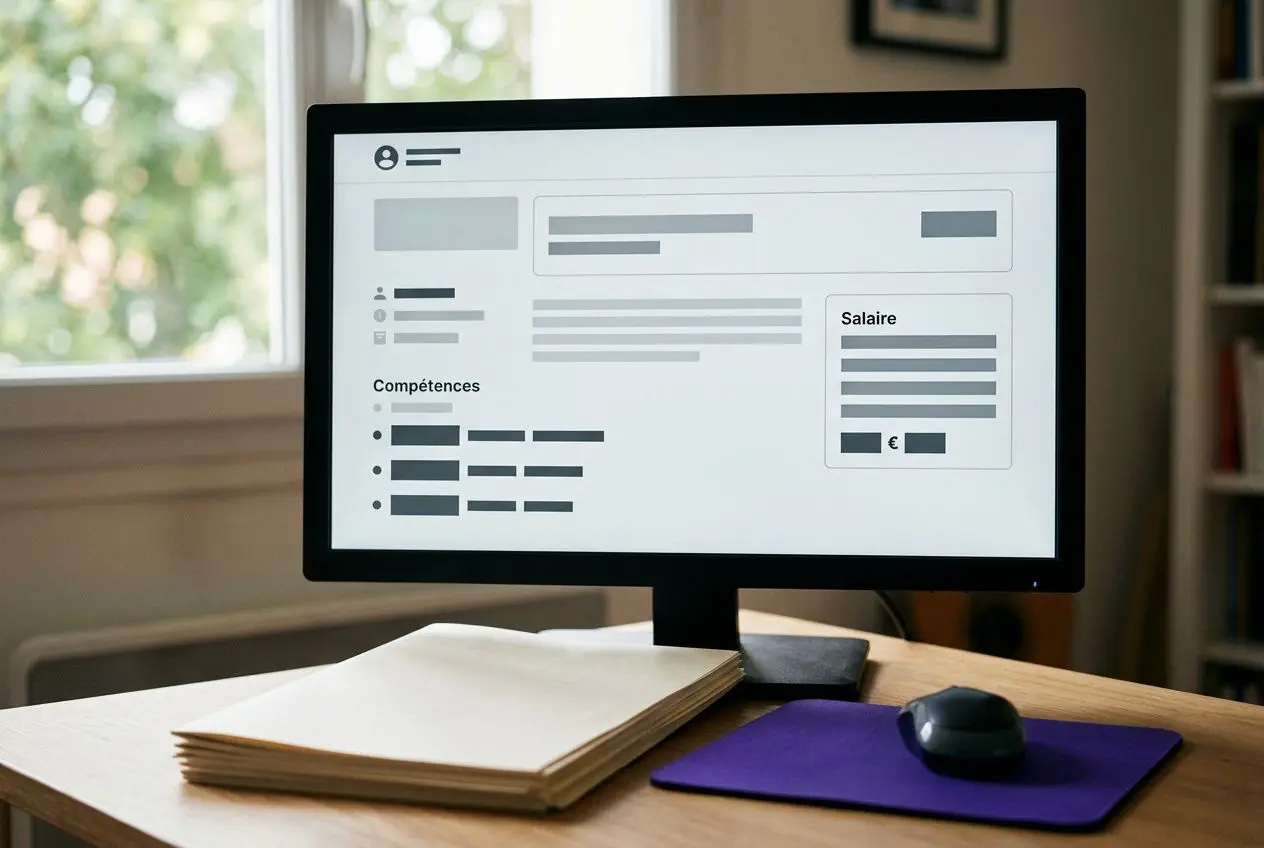 Écran d’ordinateur affichant un modèle de CV ou de fiche professionnelle sur un bureau, avec des documents papier, bloc-notes et souris. intégration du terme: procédure pour embaucher un salarié étranger en france est naturelle.