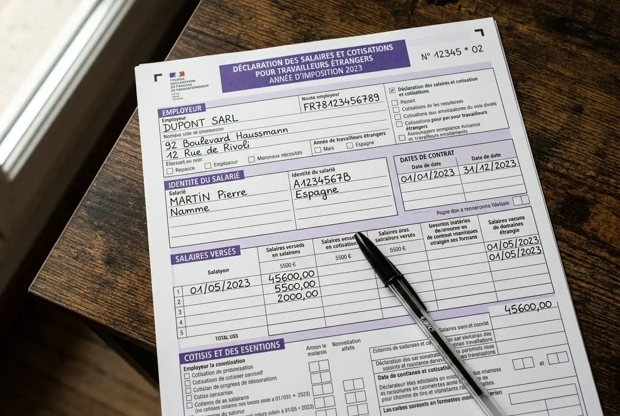 Formulaire DSN ou fiche de paie lié à l’embauche d’un salarié étranger en CDI, avec sections “salaires versés” et détails contractuels, prêt à remplir. intégration du mot-clé: taxe employeur salarié étranger cdi.