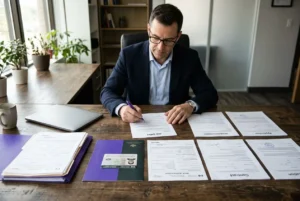 Homme en costume signe des documents administratifs sur une table, dossier et cartouches d’archives autour, dans un espace de bureau. taxe employeur salarié étranger cdi intégrée.