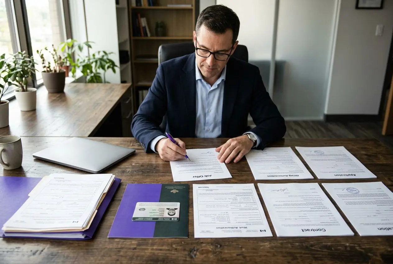 Homme en costume signe des documents administratifs sur une table, dossier et cartouches d’archives autour, dans un espace de bureau. taxe employeur salarié étranger cdi intégrée.