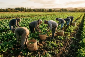 Huit travailleurs agricoles cueillent des légumes dans un champ, chacun avec un panier à ses pieds, sous un ciel clair.
