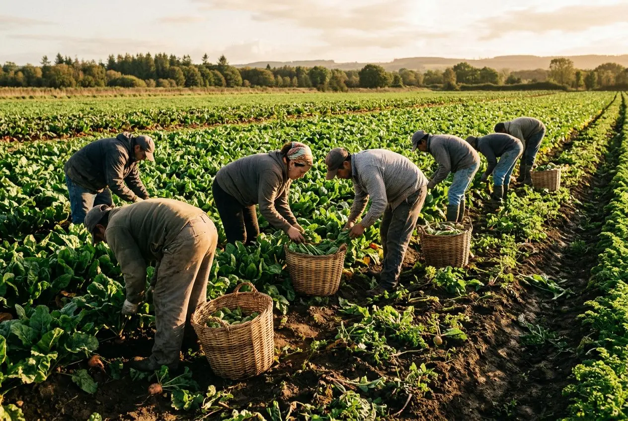 Huit travailleurs agricoles cueillent des légumes dans un champ, chacun avec un panier à ses pieds, sous un ciel clair.