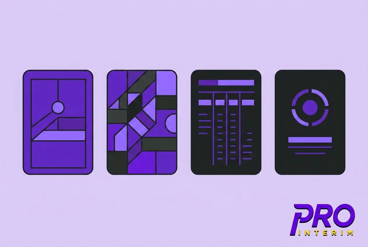 Images de quatre cartes stylisées en violet et noir sur fond lilas, dernières présentes en bas à droite le logo PRO INTERIM. Mot-clé intégré: taxe employeur salarié étranger cdi.