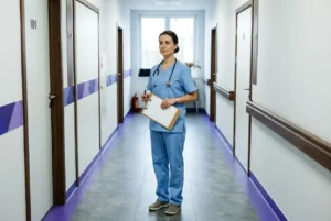 Infirmière en uniforme bleu dans un couloir d'hôpital, carnet et stéthoscope, prêt à gérer des patients, étape du recrutement infirmières secteur santé.