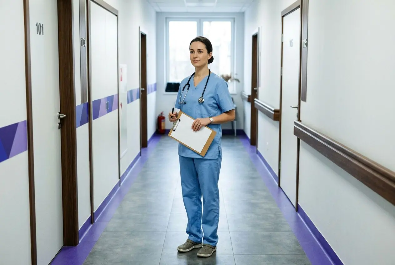 Infirmière en uniforme bleu dans un couloir d'hôpital, carnet et stéthoscope, prêt à gérer des patients, étape du recrutement infirmières secteur santé.