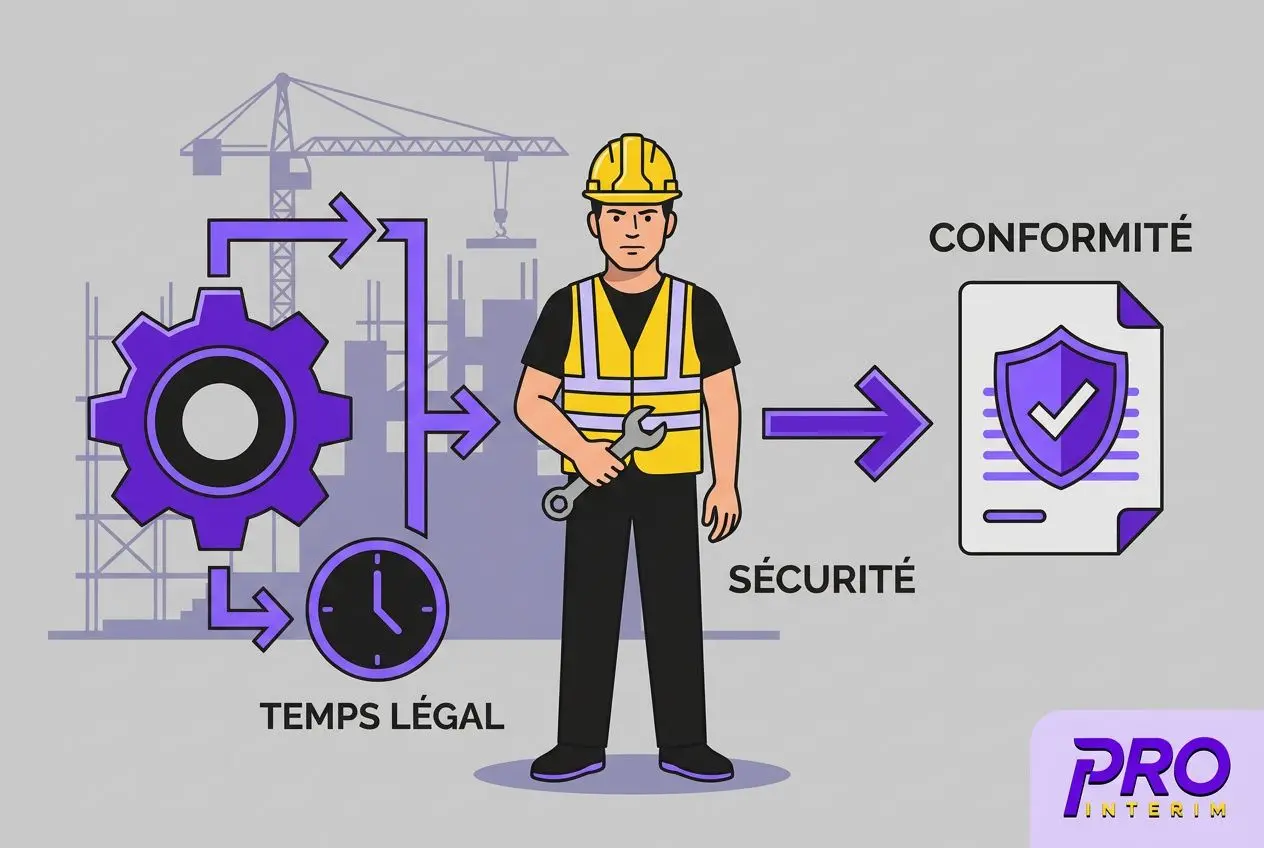 Modèle convention de détachement d'un salarié illustré par un ouvrier sur un chantier, symbolisant les aspects temps légal, sécurité et conformité.