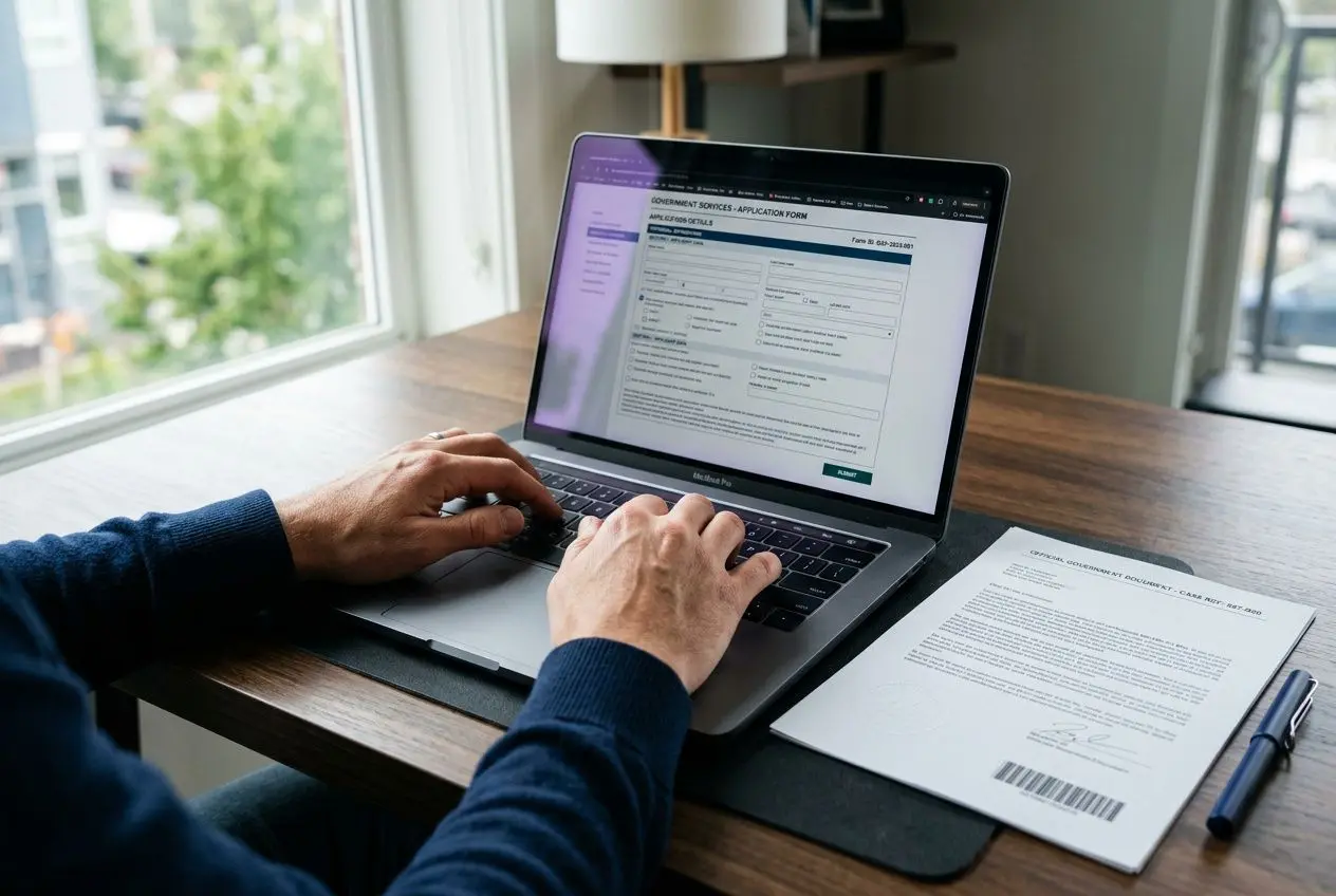 Personne sur un ordinateur portable saisissant un formulaire en ligne lié à une procédure pour embaucher un salarié étranger en France; documents imprimés à côté.