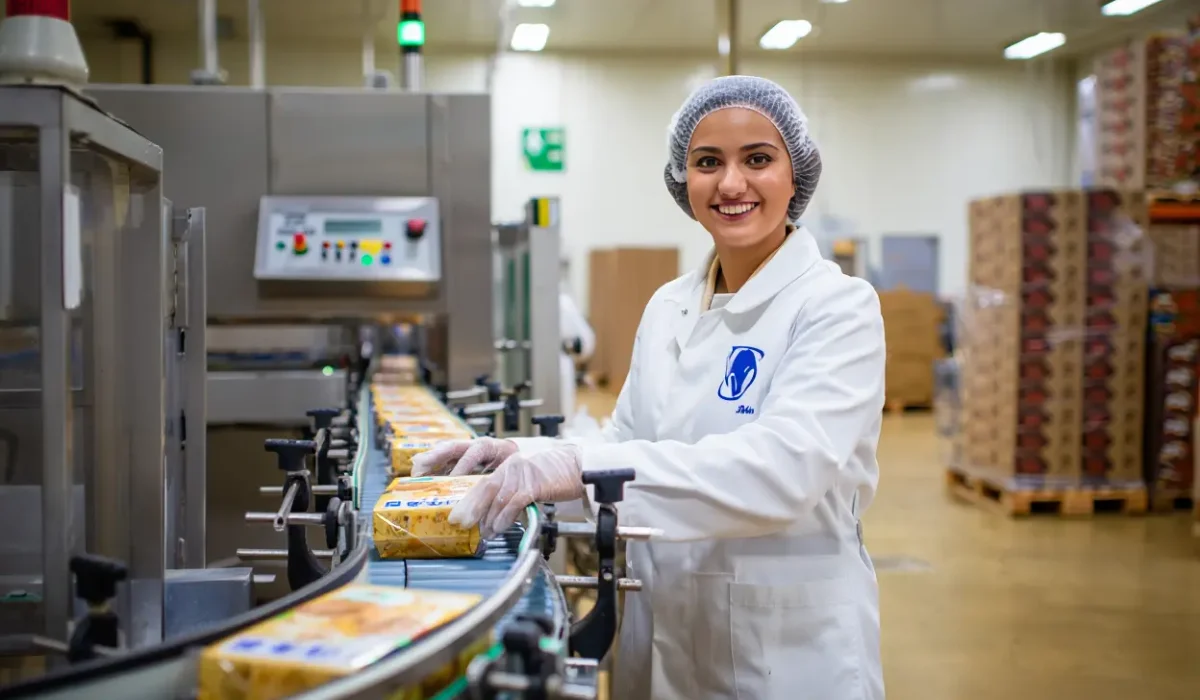 Opérateurs travaillant sur une ligne de production agroalimentaire