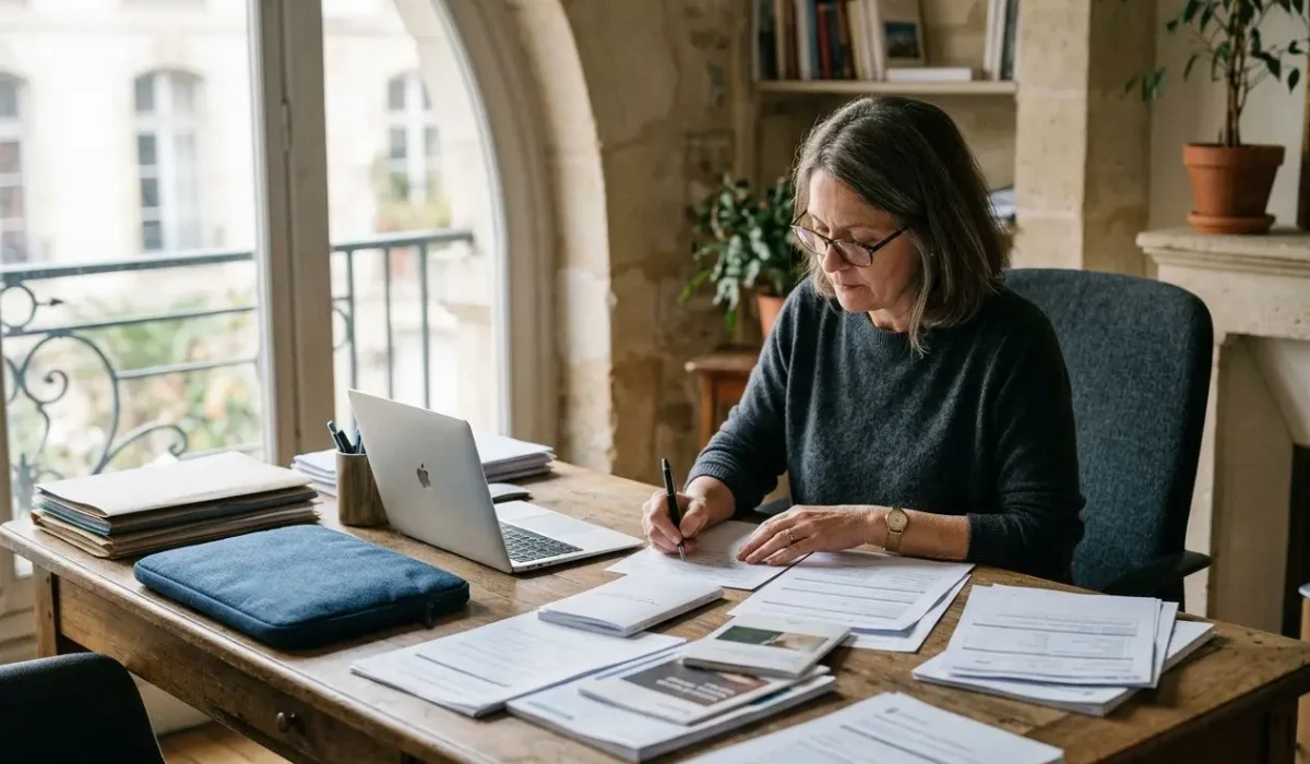 Administratrice travaillant à domicile, près d’un ordinateur portable et de dossiers, signe des documents. Règles du détachement de travailleurs.