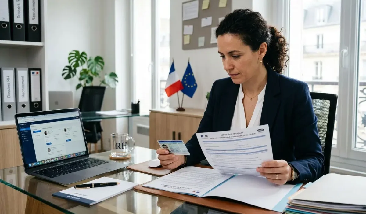 Agent administratif en réunion: vérifie des documents et une carte d’identité devant un ordinateur, drapeaux France et UE en arrière-plan, ambiance bureau. Comment embaucher intérimaire roumain intégré naturellement.
