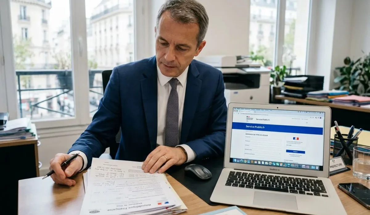 Agent en train de signer des documents près d’un ordinateur portable affichant un formulaire en ligne lié à l’attestation de déclaration préalable de détachement autorisation de travail.