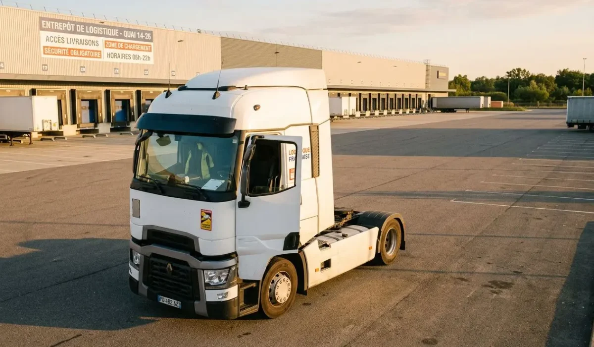 Camion poids lourd blanc garé dans une aire de service, près d’un entrepôt logistique, sous un ciel clair. pénurie chauffeur poids lourd france est évoquée.