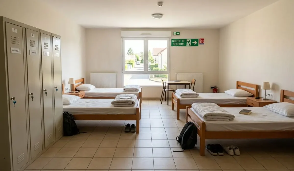 Chambre d’hébergement collectif pour travailleurs détachés avec quatre lits simples, casiers, et meubles minimalistes. Entrée lumineuse, sièges près de la fenêtre et emplacements pour sacs à dos et chaussures.