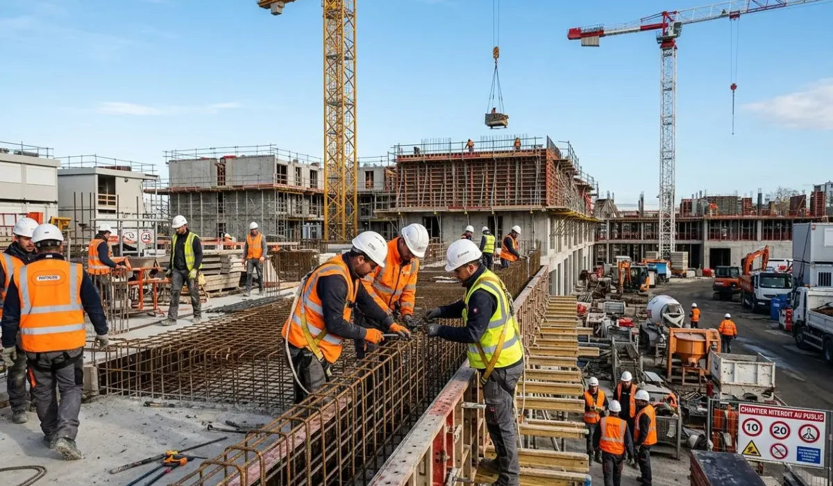 Chantier BTP animé avec travailleurs détachés secteur btp en jaune et orange, posé sur ferraillage et structures en béton sous ciel bleu.