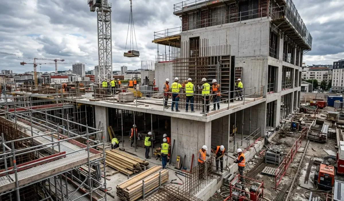 Chantier de construction en hauteur avec ouvriers en sécurité, grue et structures en béton montrant le manque d’ouvriers dans les secteurs btp manque ouvriers.