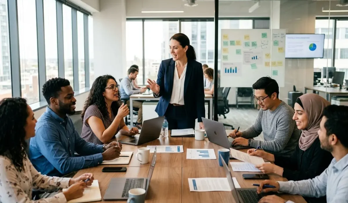 Chef d’équipe guidant une réunion avec une équipe mixte détachés et salariés dans salle de coworking, échanges animés et laptops ouverts. gérer équipe mixte détachés.