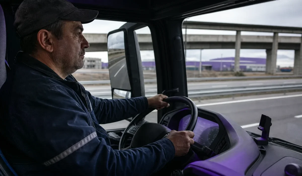 Conducteur routier au volant dans son camion, route et autoroute à l’extérieur, ambiance travail détaché potentiel. salaire d'un chauffeur routier roumain intégré.