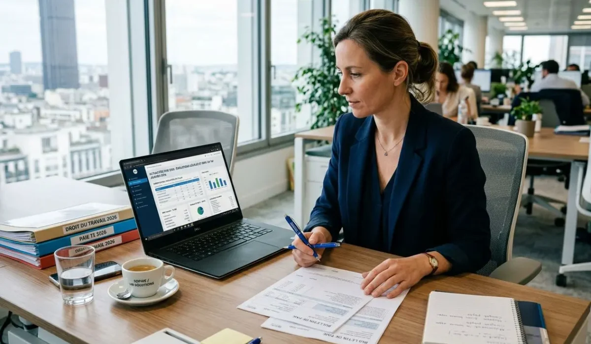 Consultante en droit du travail travaillant à son bureau, analysant des documents et des graphique sur un ordinateur portable dans un espace de travail moderne. intégration: nouveautés du droit du travail en 2026.