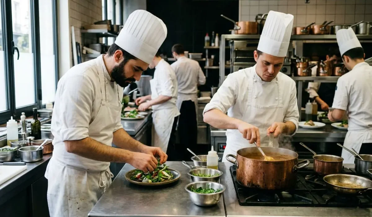 Deux chefs en toques blancs préparent des plats dans une cuisine professionnelle, entourés d’ustensiles et de casseroles. intérim restauration paris