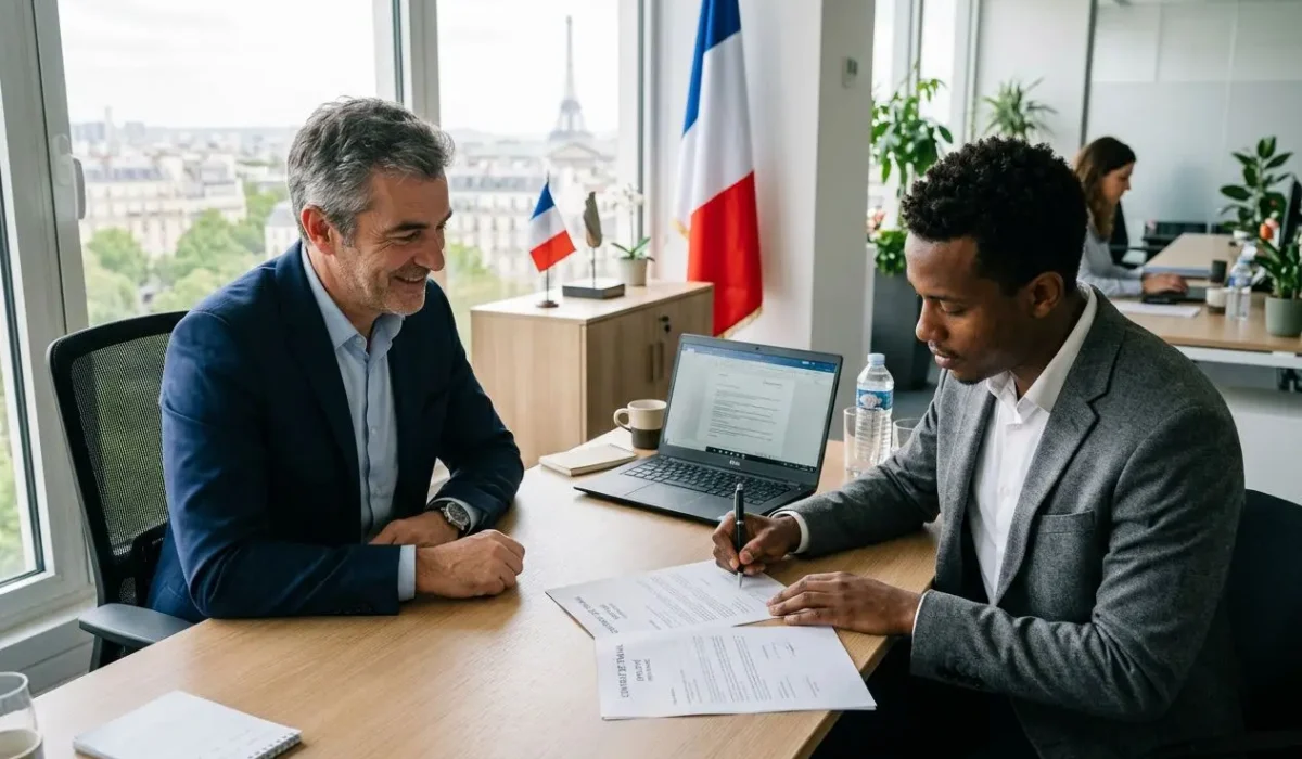 Deux hommes en rendez-vous professionnel signent des documents près d’un ordinateur dans un bureau avec drapeaux France et États-Unis en arrière-plan. durée maximale détachement travailleur intégrée: non directement visible mais lié au contexte.