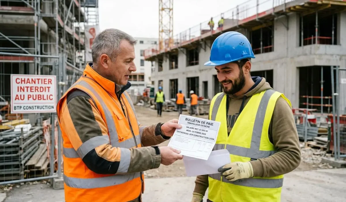 Deux ouvriers sur un chantier lisent un document de paie; l’un porte gilet orange et l’autre gilet jaune avec casque bleu, entourés de structures en construction.