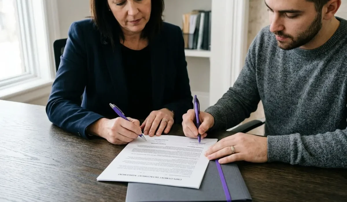 Deux personnes signent un document officiel sur une table, avec des stylos violets. Le cadre suggère la formalisation d’un contrat, contexte d’un modèle convention de détachement d'un salarié.