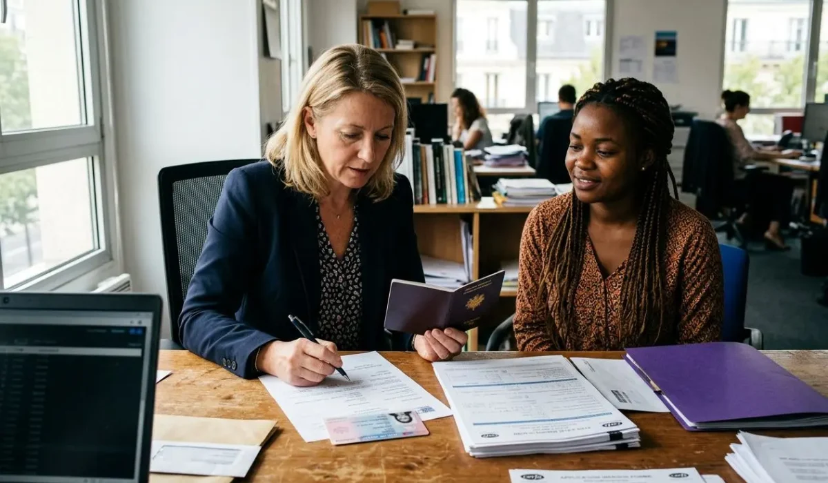 Deux professionnelles examinent des documents officiels sur une table, une femme écrit pendant que l’autre tient un document et un passeport.