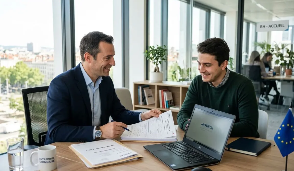 Deux professionnels discutent et examinent des documents sur une table, en face d’un ordinateur portable et d’un mini drapeau européen.