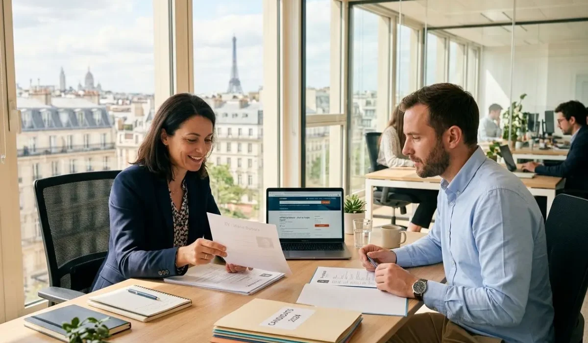 Deux professionnels en entretien dans un bureau lumineux avec vue sur Paris, échangeant des documents et un ordinateur affichant une candidature. Alternance travail et discussion. Integrate keyword naturally: "comment recruter en 2026" appears as context, we'll include naturally in alt text: "entrevue sur comment recruter en 2026" But must describe visible image; avoid fabricating. We'll craft: "Deux professionnels en réunion dans un bureau parisien, discutant de documents et d'un ordinateur affichant une candidature, sur le thème comment recruter en 2026." Ensure length 50-125 chars. Let's count: "Deux professionnels en réunion dans un bureau parisien, discutant de documents et d'un ordinateur affichant une candidature, sur le thème comment recruter en 2026." That's long maybe ~190. Need shorter. Let's craft: "Deux professionnels en réunion dans un bureau parisien, discutant de documents et d’un ordinateur, évoquant comment recruter en 2026." Good. Deux professionnels en réunion dans un bureau parisien, discutant de documents et d’un ordinateur, évoquant comment recruter en 2026.