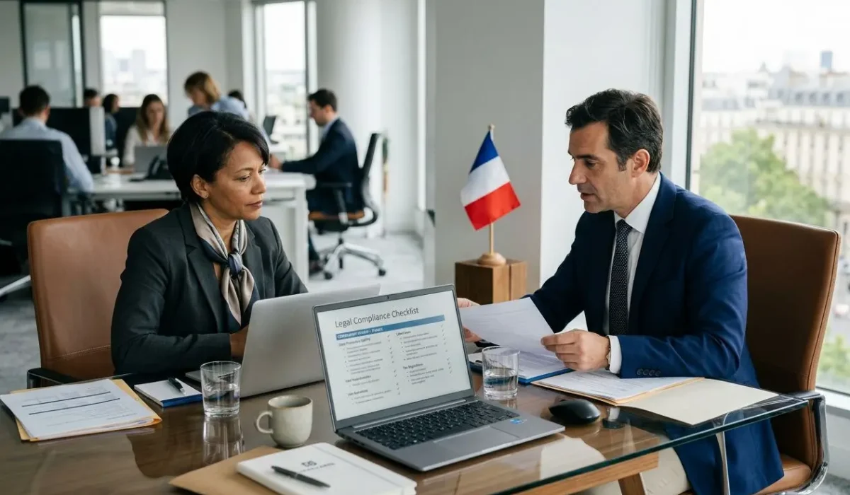Deux professionnels en réunion d’affaires, l’un présentant des documents à l’autre, avec ordinateur et drapeau français sur le bureau. Formalités travail détaché évoquées.