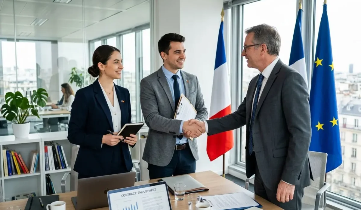 Deux professionnels en réunion scellent un accord, applaudissant le poignet à un cadre senior; ambiance de bureau, drapeaux France et UE à l’arrière. comment un roumain peut travailler en france
