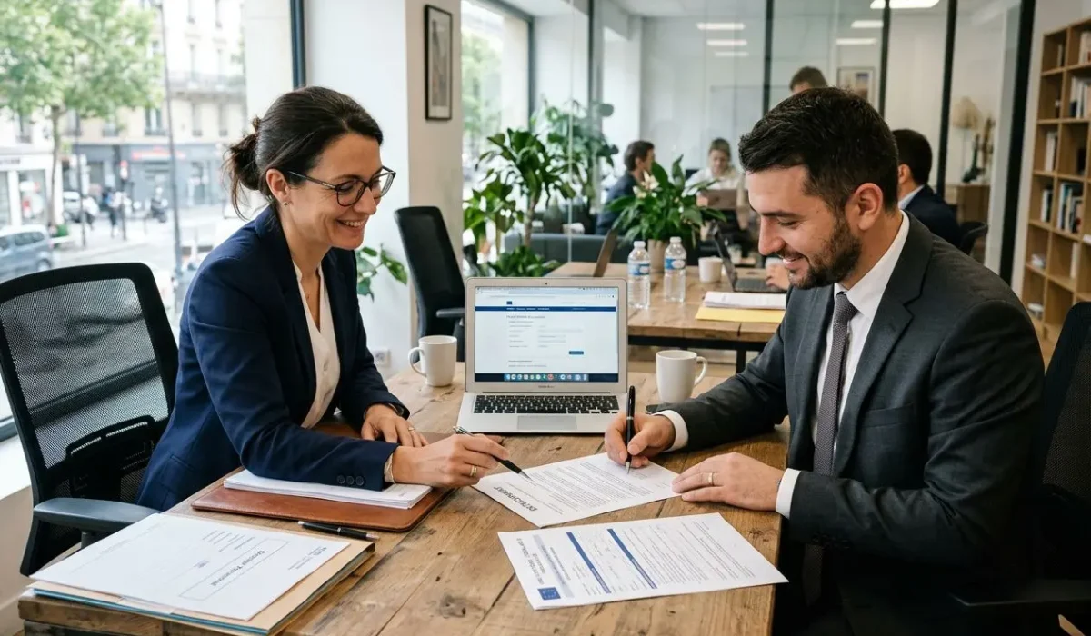 Deux professionnels en réunion signent des documents, sur fond de bureau lumineux et laptop ouvert, évoquant les charges sociales travailleur détaché en france.
