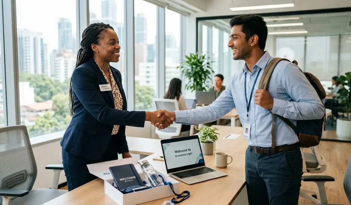 Deux professionnels se serrant la main dans un bureau moderne, bienvenue affichée sur un écran et matériel d’accueil sur une table, illustration de l’intégration d’un nouveau salarié.