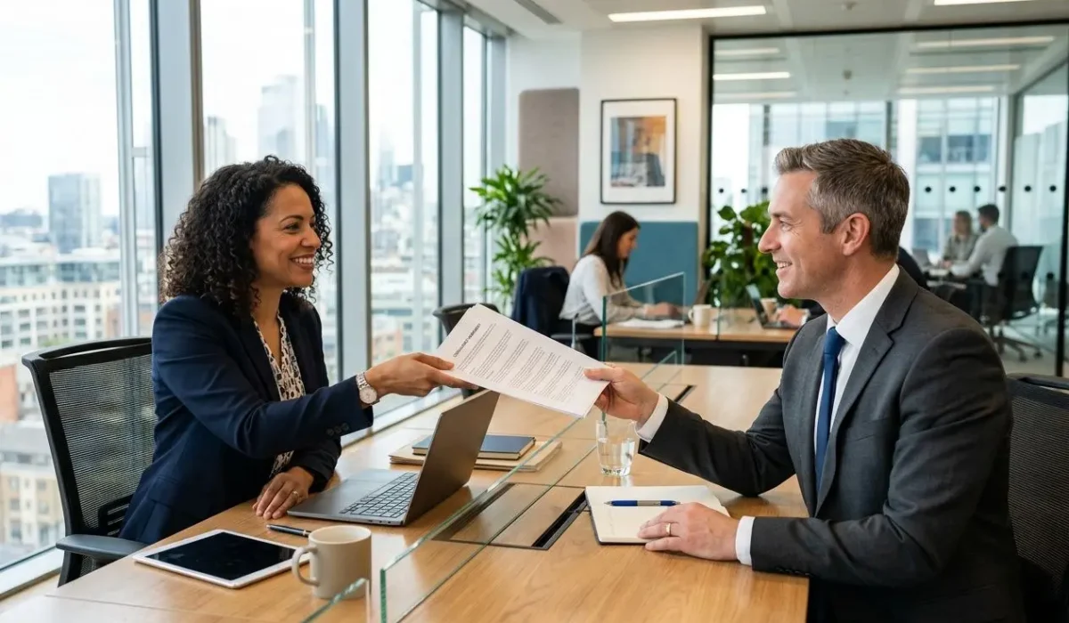Deux professionnels se serrent la main et échangent un document dans un bureau lumineux, signe d’un accord ou d’un contrat.