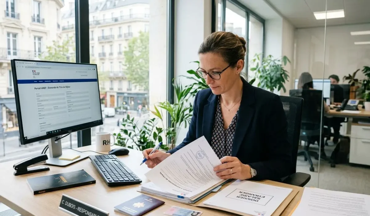 Femme en bureauieraire examinant des documents pour l’ autorisation de travail en France pour les étrangers, près d’un écran d’ordinateur et des dossiers.