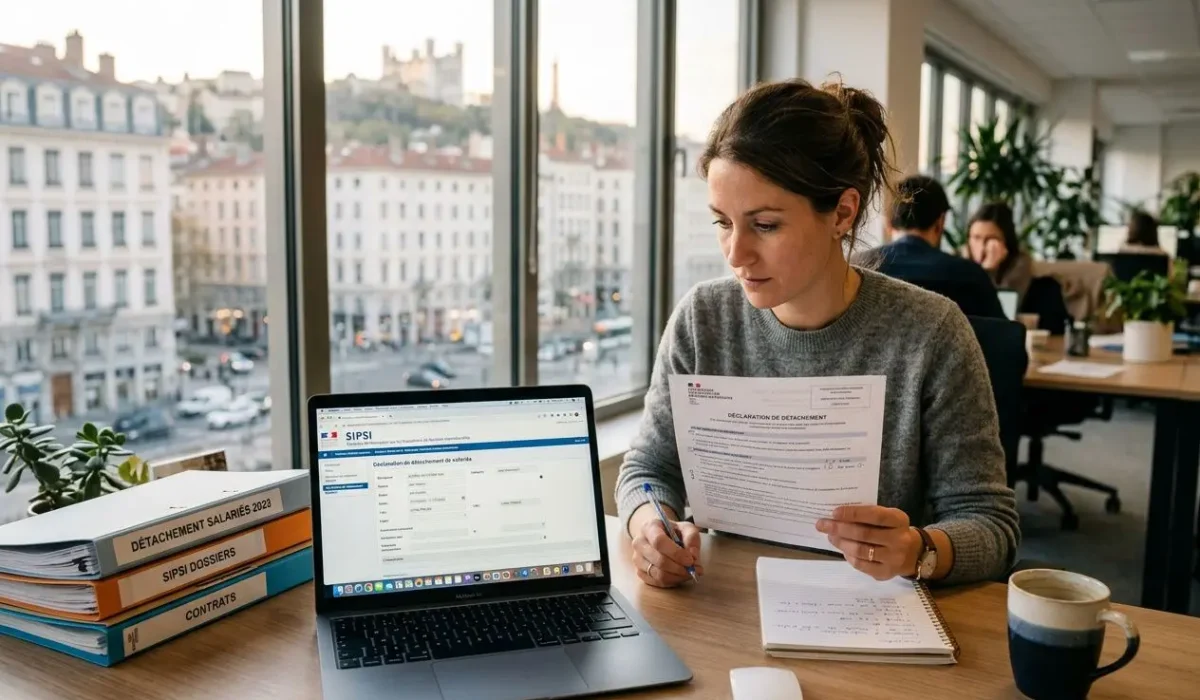 Une femme travaille à un bureau près de la fenêtre avec un ordinateur portable ouvert et des documents, évoquant les formalités administratives salariés détachés.