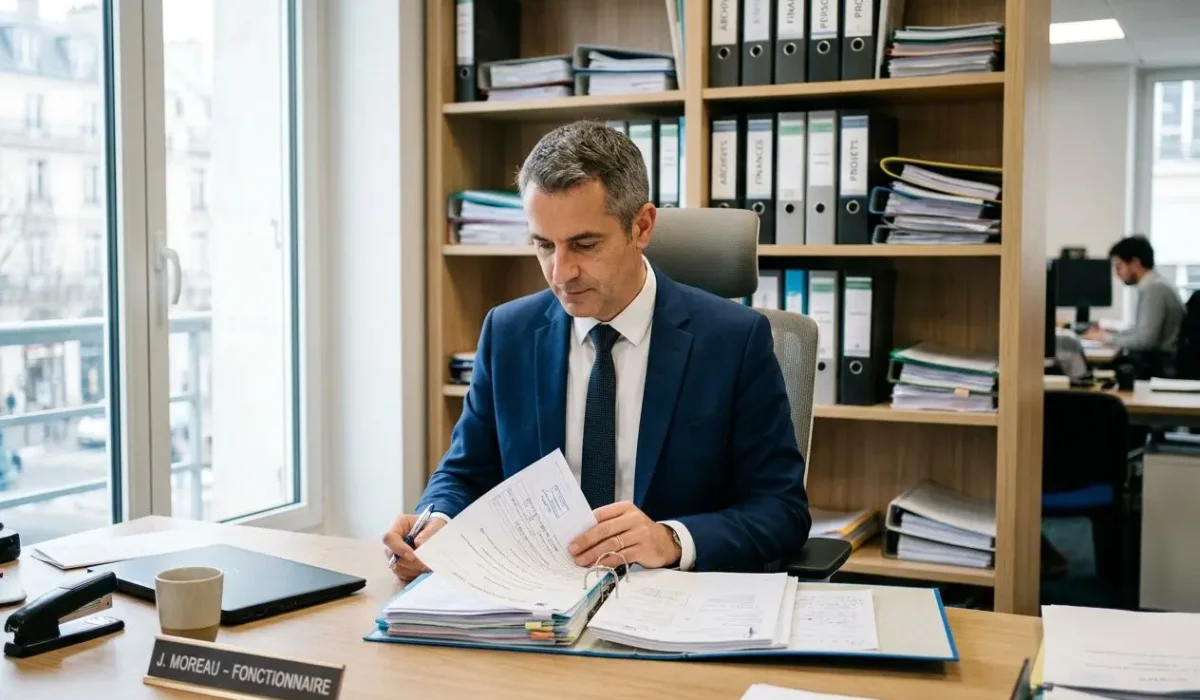 Fonctionnaire en bureau, examinant des documents; case nommée J. Moreau - Fonctionnaire, avec dossiers, étagères et lumière naturelle. Avantages et inconvénients du détachement.